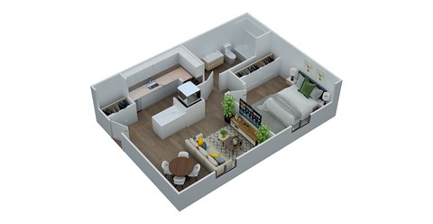 A 3D image of a house layout with a living room, kitchen, and two bedrooms.